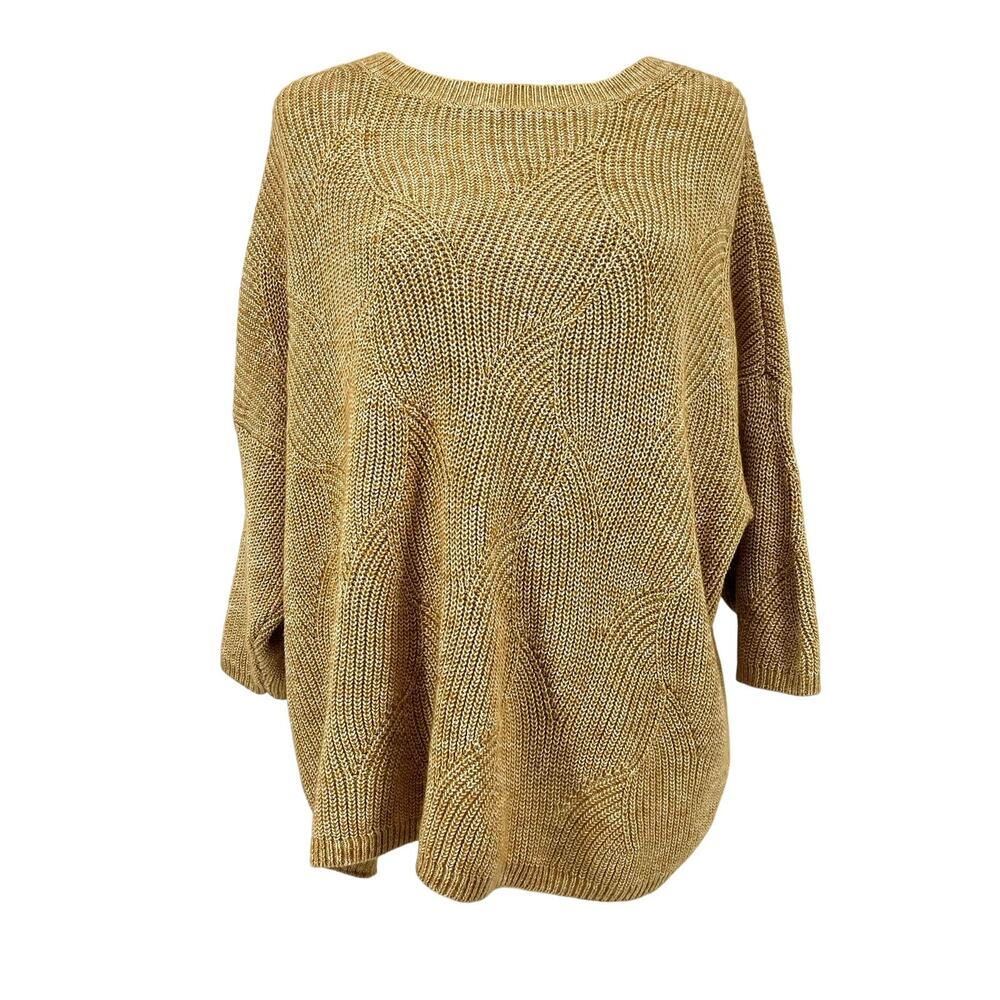 J. Jill Women’s XLP Camel Cotton Blend Crew Neck Swirl Knit Short Sleeve Sweater